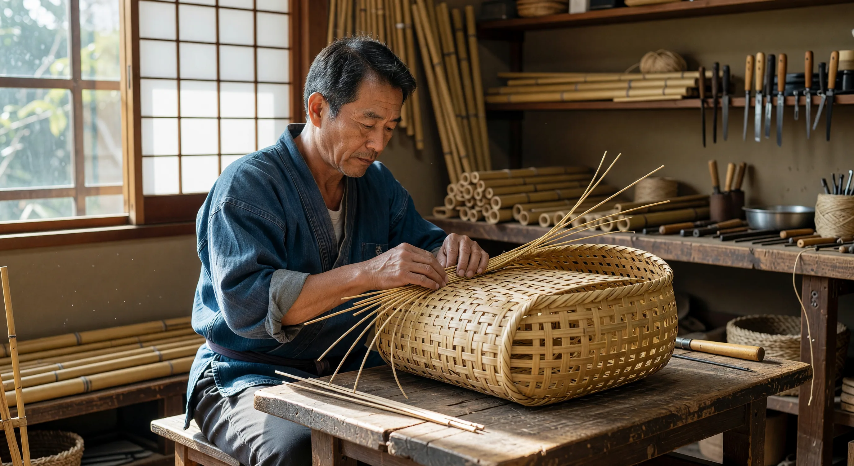 Artisan hands weaving split bamboo strips into a traditional kago basket in a rural Oita workshop, surrounded by bundles of prepared bamboo in various widths