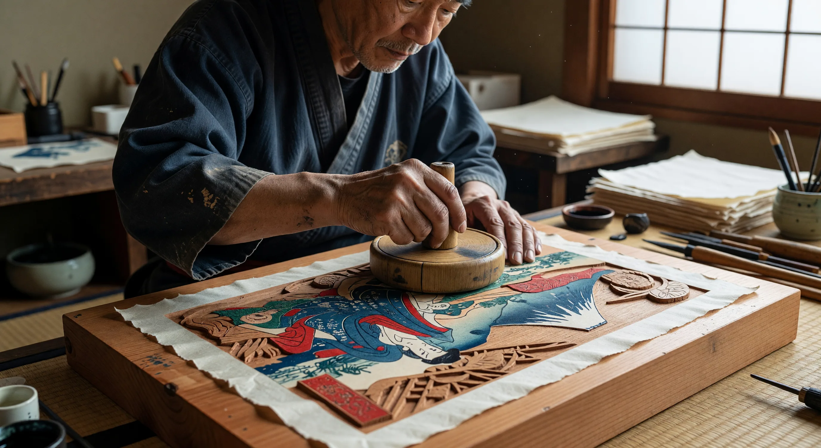 Artisan carving fine detail into a cherry wood block for ukiyo-e woodblock printing, surrounded by printed proof sheets showing kabuki actor portraits