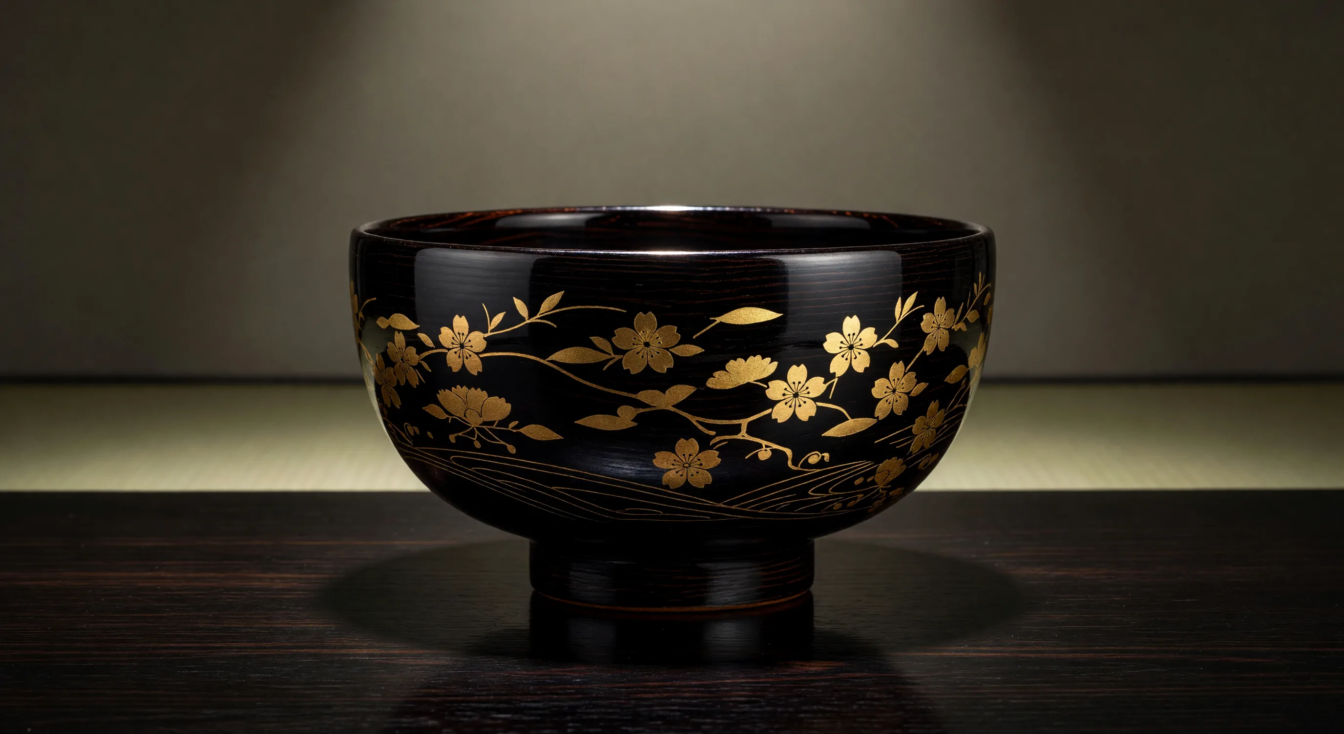 Lacquer artist Yuki Nakamura applying fine gold powder through a delicate bamboo tube to a wet urushi lacquer surface, creating a maki-e crane motif on a lacquered box in her Kyoto studio