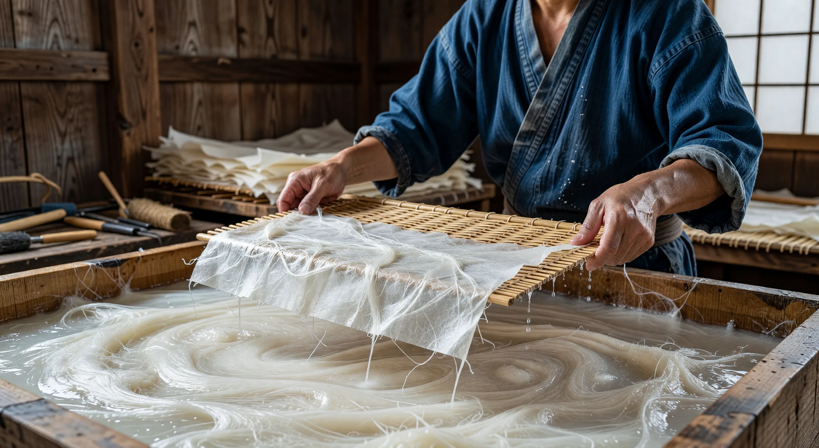 Artisan lifting a wooden frame from a vat of kozo fibre suspension during traditional washi paper making in Echizen, Japan